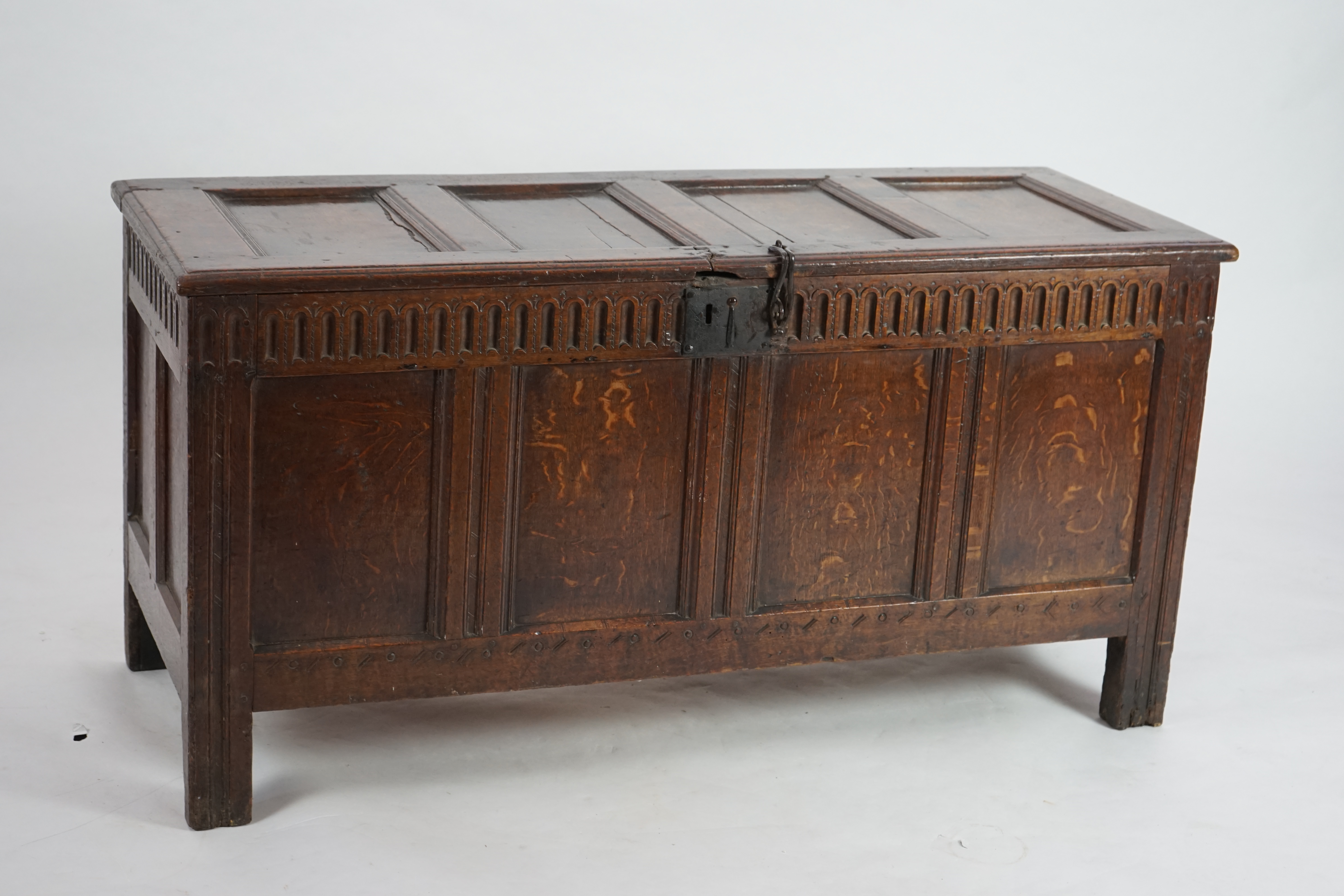 A 17th century panelled oak coffer